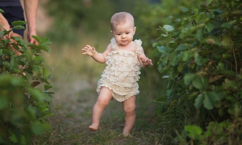 bebê dando seus primeiros passos acompanhado do pai em uma fazenda - bebê começa a andar?